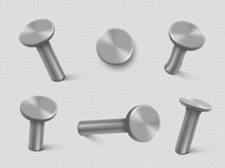 Nails hammered into wall, steel or silver pin heads. Realistic 3d vector