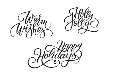Set of handwritten calligraphic lettering Warm Wishes, Holly Jolly,