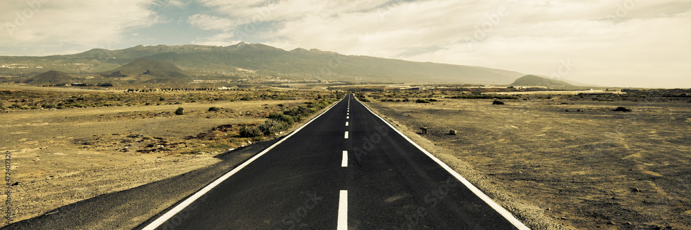 Wall mural long way straight road with desert on both side. banner header for travel and drive concept activity
