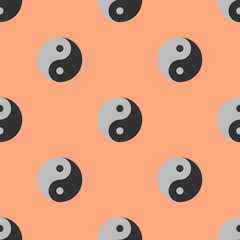 Fototapeta premium Seamless pattern. Image of Yin Yang symbol on pastel red orange backgrounds. Symbol of opposite. Surface overlay pattern. 3D image. 3D rendering.