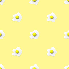 Seamless pattern. Image of chicken egg on pastel yellow backgrounds. Egg with round yolk. Surface overlay pattern. 3D image. 3D rendering.