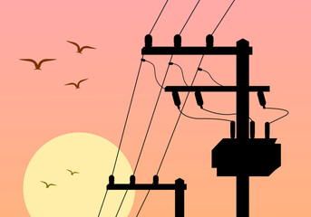 Silhouette shadow high voltage power electric pole with transformer and drop fuse with twilight sun evening orange background and bird flat vector design.