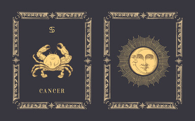 Cancer zodiac symbol, horoscope card in vector.