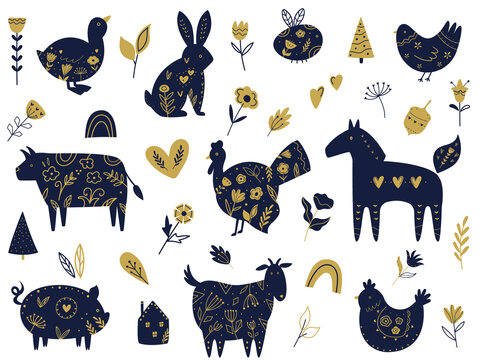 Set of silhouettes of farm animals with floral decoration inside them