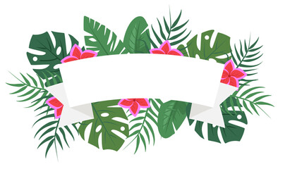 Beautiful frame with tropical leaves and pink flowers. Background for invitations, promotions, sales and events. Vector illustration.