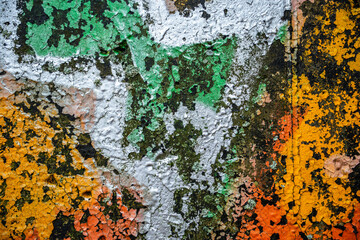 A mossy concrete wall with brightly colored flaked paint