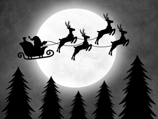 Christmas Silhouette Background. Deer and Santa Claus on the moon background