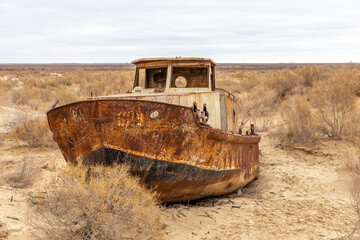 Aral sea monument. The graveyard of ships. Muynak (or Moynaq) city, Karakalpakstan, Uzbekistan.
