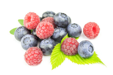 Fresh colorful raspberry and blueberry on white