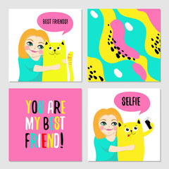 Obraz premium Happy cat greeting cards for friend, vector illustrations