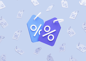 Discount coupon or sale with ticket on background. Banner for shopping and online purchases. Mockup template. 3D Rendering. Blue