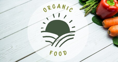 High angle view of organic food symbol text by fresh vegetables on white wooden table