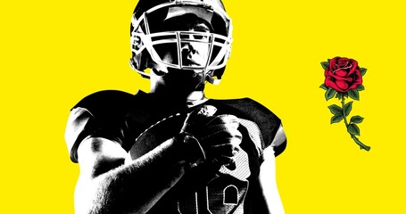 Digital composite image of male american football player holding ball by rose on yellow background © vectorfusionart