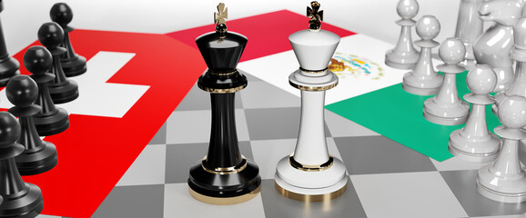 Switzerland and Mexico - talks, debate, dialog or a confrontation between those two countries shown as two chess kings with flags that symbolize art of meetings and negotiations, 3d illustration