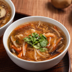Delicious traditional thick soup with shrimp meat ball and vegetables.