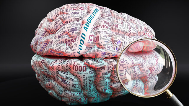 Food addiction in human brain, a concept showing hundreds of crucial words related to Food addiction projected onto a cortex to fully demonstrate broad extent of this condition, 3d illustration