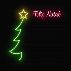 Merry Christmas card in neon and black background with small brick - Illustration