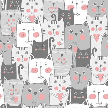 Cute cats, colorful seamless pattern background with cats
