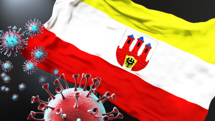 Boleslawiec and covid pandemic - virus attacking a city flag of Boleslawiec as a symbol of a fight and struggle with the virus pandemic in this city, 3d illustration
