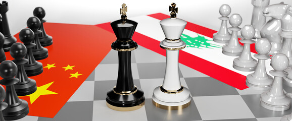 China and Lebanon - talks, debate, dialog or a confrontation between those two countries shown as two chess kings with flags that symbolize art of meetings and negotiations, 3d illustration
