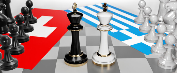 Switzerland and Greece - talks, debate, dialog or a confrontation between those two countries shown as two chess kings with flags that symbolize art of meetings and negotiations, 3d illustration