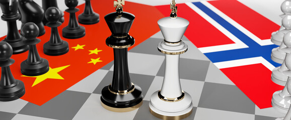 China and Norway - talks, debate, dialog or a confrontation between those two countries shown as two chess kings with flags that symbolize art of meetings and negotiations, 3d illustration