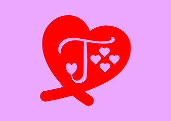 T letter logo with love icon, valentines day design template