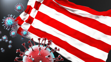 Bremen and covid pandemic - virus attacking a city flag of Bremen as a symbol of a fight and struggle with the virus pandemic in this city, 3d illustration - obrazy, fototapety, plakaty