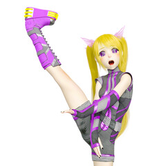 blond girl is kicking up in a sporty outfit on kwaii anime style in white background
