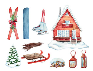 Winter set of watercolor illustrations, house, skis, snowboard, skates, sled, firewood, brushwood, Christmas tree, lanterns
