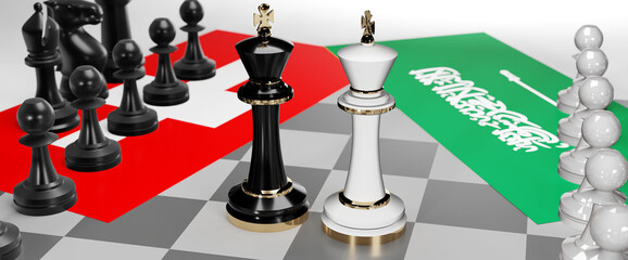 Switzerland and Saudi Arabia - talks, debate, dialog or a confrontation between those two countries shown as two chess kings with flags that symbolize art of meetings and negotiations, 3d illustration