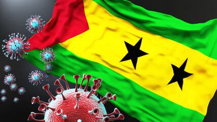 Sao Tome and Principe and the covid pandemic - corona virus attacking national flag of Sao Tome and Principe to symbolize the fight, struggle and the virus presence in this country, 3d illustration