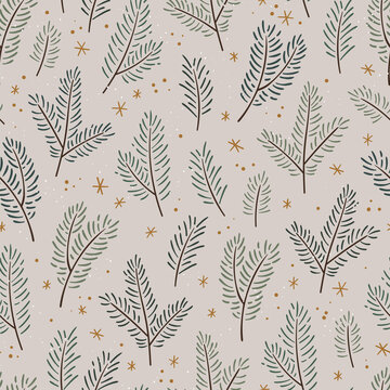 Cute hand drawn seamless pattern with fir branches and hanging decoration, great for christmas banners, wallpapers, wrapping, textiles - vector design