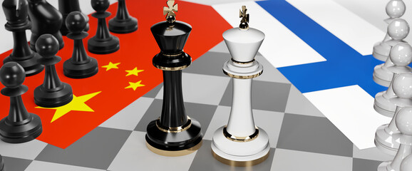 China and Finland - talks, debate, dialog or a confrontation between those two countries shown as two chess kings with flags that symbolize art of meetings and negotiations, 3d illustration