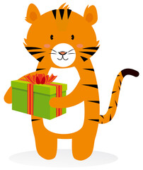 Cute cartoon tiger with Christmas present isolated on white background
