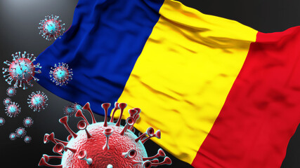 Romania and the covid pandemic - corona virus attacking national flag of Romania to symbolize the fight, struggle and the virus presence in this country, 3d illustration