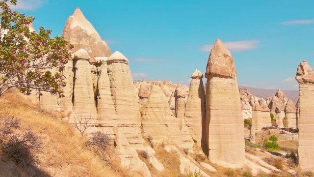 Till down reveal majestic love valley fairy chimneys panorama in Cappadocia . Turkey travel destination concept