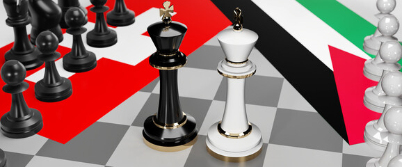 Switzerland and Jordan - talks, debate, dialog or a confrontation between those two countries shown as two chess kings with flags that symbolize art of meetings and negotiations, 3d illustration