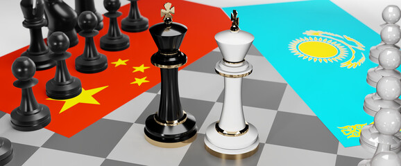 China and Kazakhstan - talks, debate, dialog or a confrontation between those two countries shown as two chess kings with flags that symbolize art of meetings and negotiations, 3d illustration