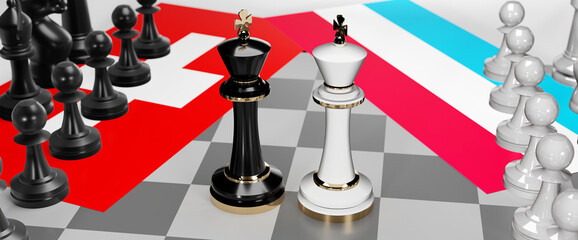 Switzerland and Luxembourg - talks, debate, dialog or a confrontation between those two countries shown as two chess kings with flags that symbolize art of meetings and negotiations, 3d illustration