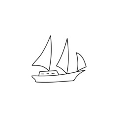 Boat, sail icon. schooner ship symbol in flat black line style, isolated on white background