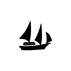 Boat, sail icon. schooner ship symbol in solid black flat shape glyph icon, isolated on white background