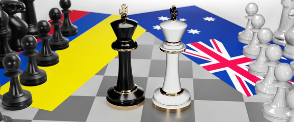 Colombia and Australia - talks, debate, dialog or a confrontation between those two countries shown as two chess kings with flags that symbolize art of meetings and negotiations, 3d illustration