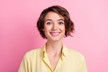 Photo of young cheerful woman happy positive smile toothy clinic oral care isolated over pink color background