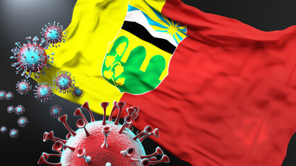 Covid in Butel Municipality North Macedonia - coronavirus and a flag of Butel Municipality North Macedonia as a symbol of pandemic in this city, 3d illustration