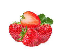 Ripe strawberries with leaves isolated on white background