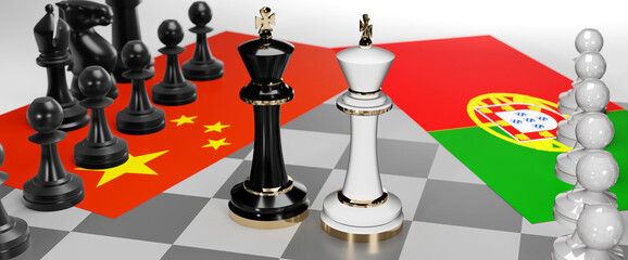 China and Portugal - talks, debate, dialog or a confrontation between those two countries shown as two chess kings with flags that symbolize art of meetings and negotiations, 3d illustration