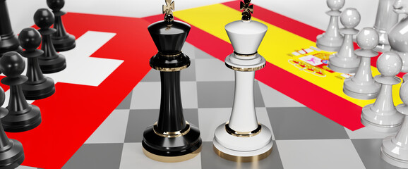 Switzerland and Spain - talks, debate, dialog or a confrontation between those two countries shown as two chess kings with flags that symbolize art of meetings and negotiations, 3d illustration