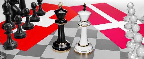 Switzerland and Denmark - talks, debate, dialog or a confrontation between those two countries shown as two chess kings with flags that symbolize art of meetings and negotiations, 3d illustration