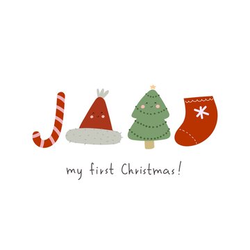 My first Christmas. Cartoon Christmas tree, sock, candy, hat, hand drawing lettering. holiday theme. Colorful vector illustration, flat style. Baby design for greeting cards, print, poster
